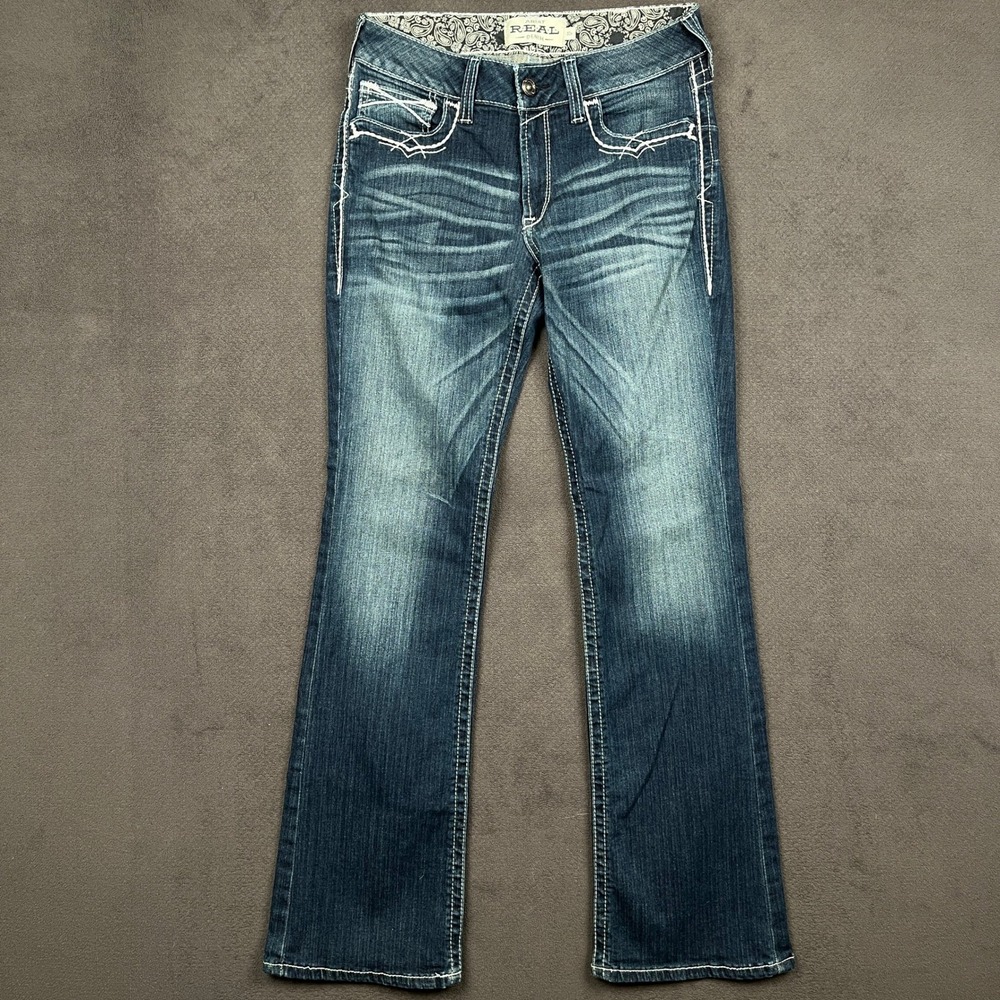 Ariat REAL Jeans Womens 30R Marine Blue Mid Rise Bootcut Entwined Embroidered